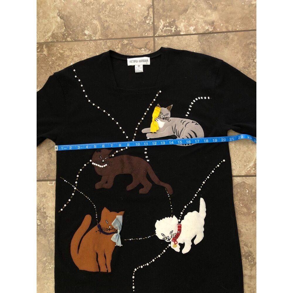Vtg90s Victoria Harbour Cat Shirt Black Embroidered Beaded Applique Cottage Sz M - Picture 8 of 12